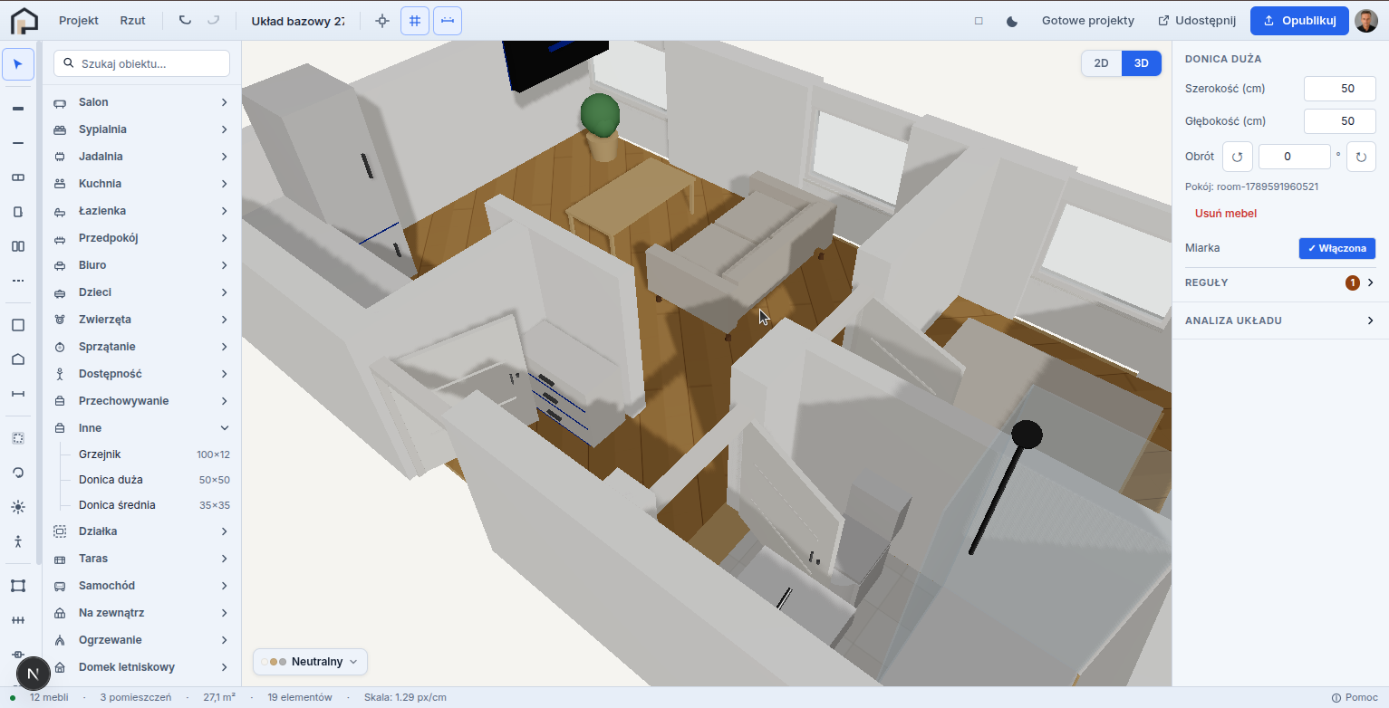Model 3D mieszkania utworzony w PlanM — widok przestrzenny z meblami i podziałem na pomieszczenia