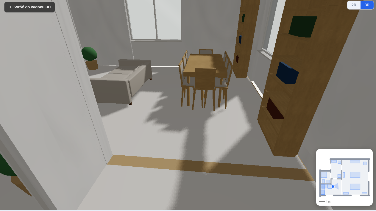Spacer 3D po projekcie mieszkania w PlanM — widok pierwszoosobowy wnętrza na wysokości człowieka, z mini planem w prawym dolnym rogu pokazującym pozycję użytkownika